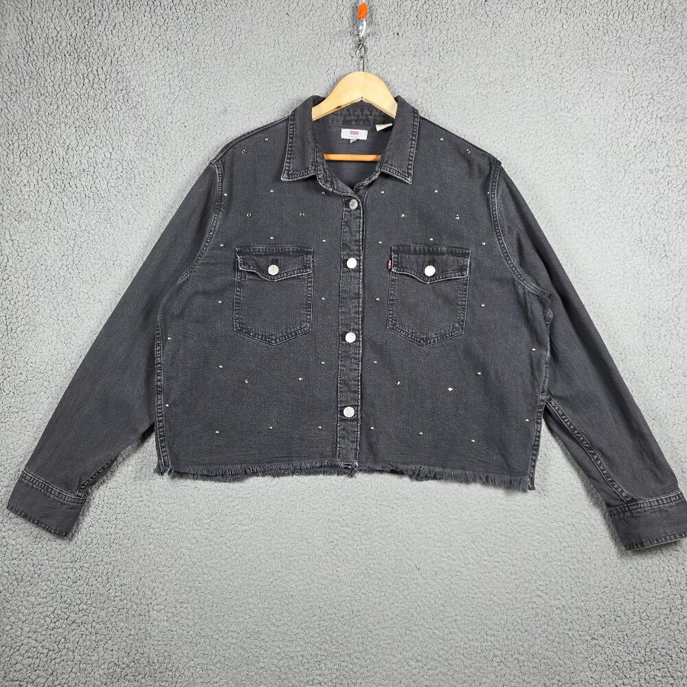 Levis Denim Shirt Womens Medium Dark Wash Studded Fringe Hem Western Cowgirl